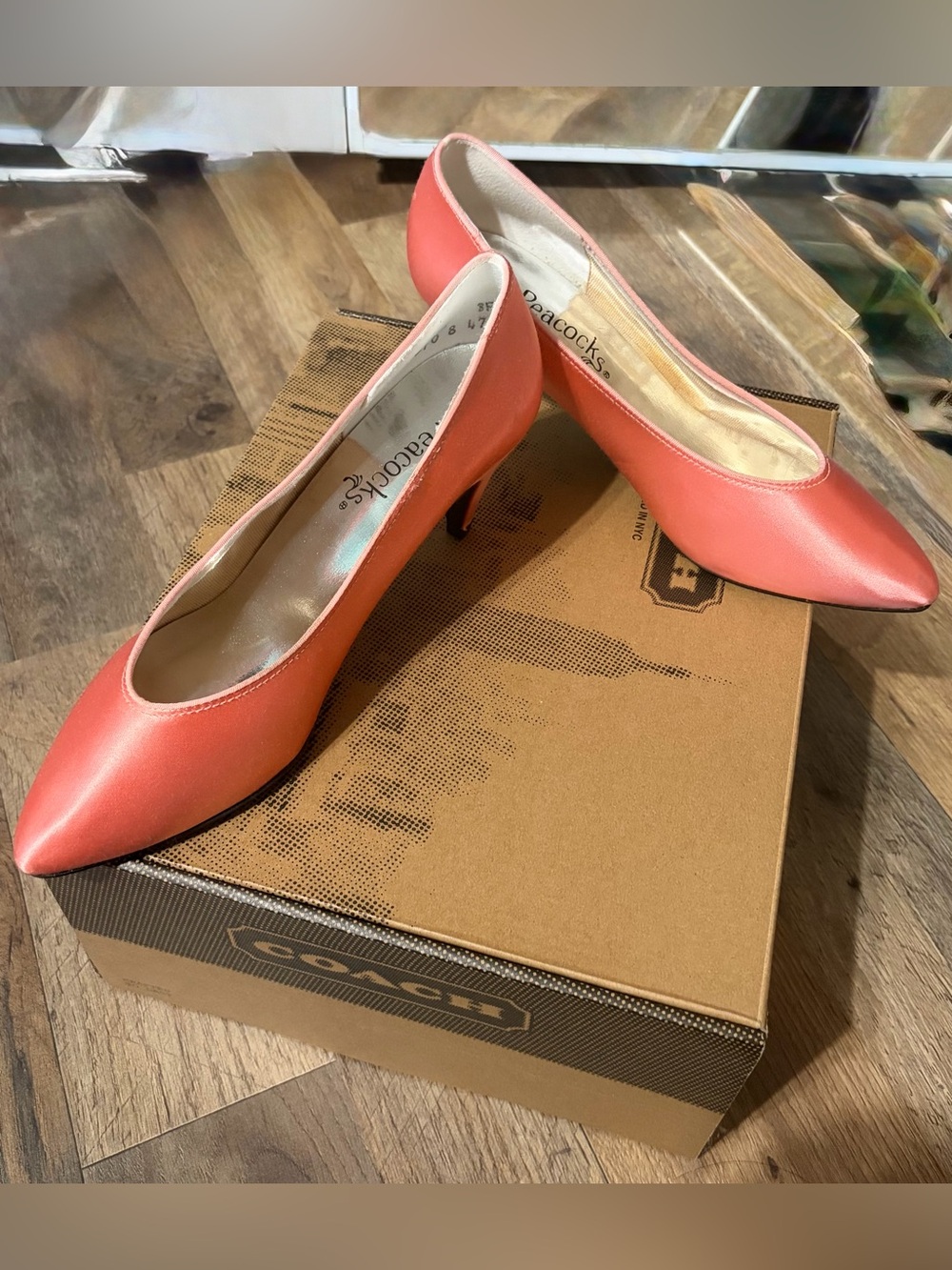 Vintage Peacocks Coral Satin Pointed Toe Pumps Deadstock 50s Heels Made in USA |